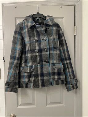 American Eagle Gray & Blue Plaid Double-Breasted Peacoat Sz M